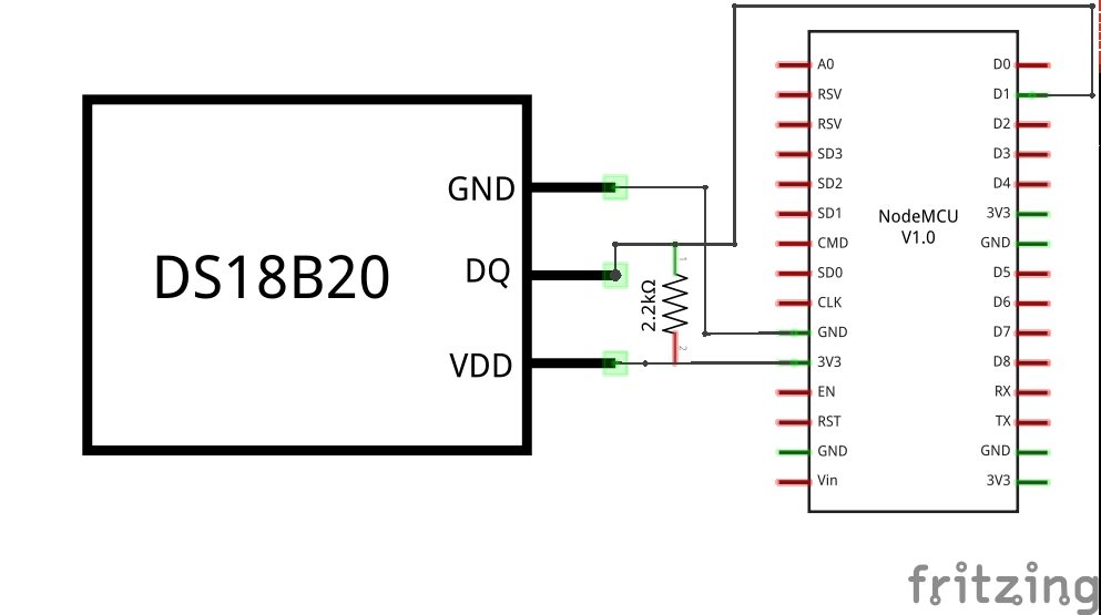 Schemat elektryczny czujnika temperatury DS18B20 z modułem ESP8266